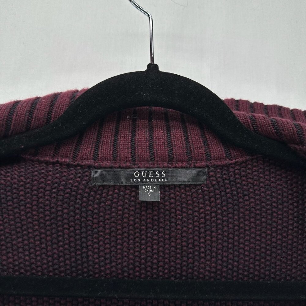 GUESS Cardigan Sweater Mens S Full Zip Mock Neck Cotton Knit Ribbed Trim Maroon - Picture 12 of 12